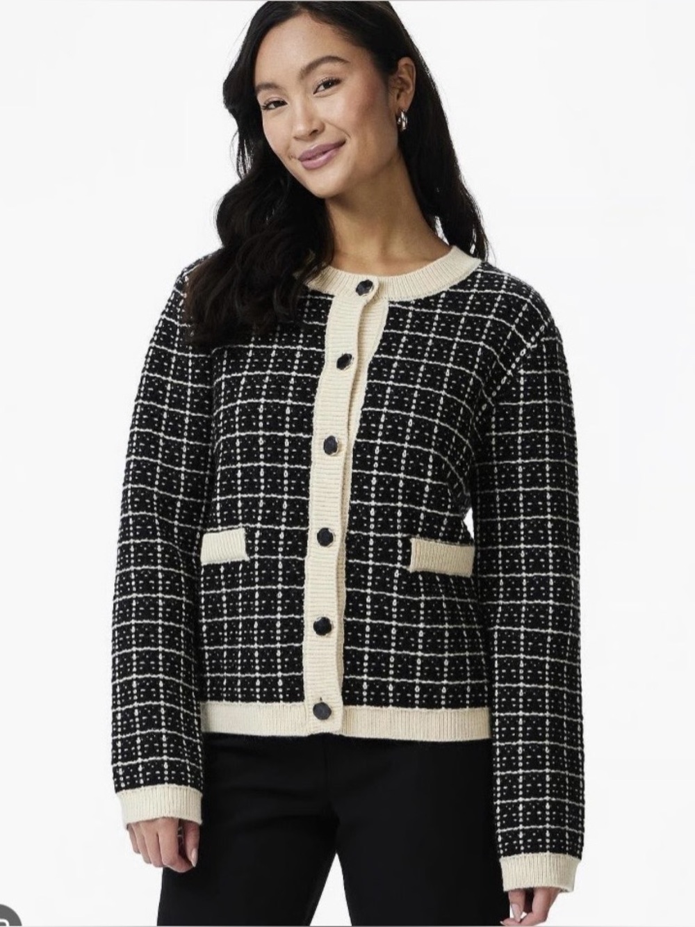 Yas Black and Cream Grid Knit Button-Front Cardigan NWT